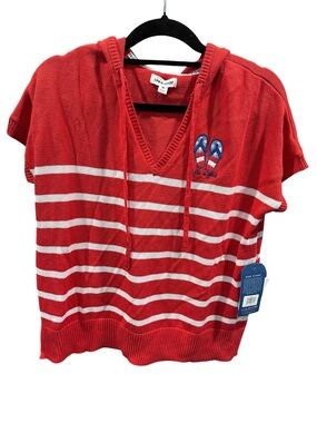 NWT‎ Life Is Good Red White Stripe Hooded short sleeve Sweater Medium Patriotic
